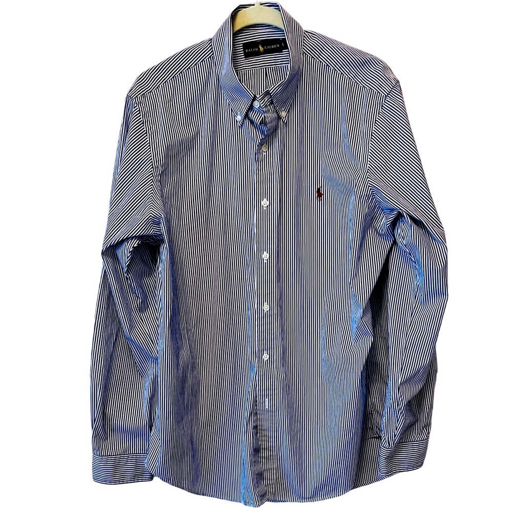 Ralph‎ Lauren Men's Classic Fit Navy White Stripe Button Down Shirt Size L